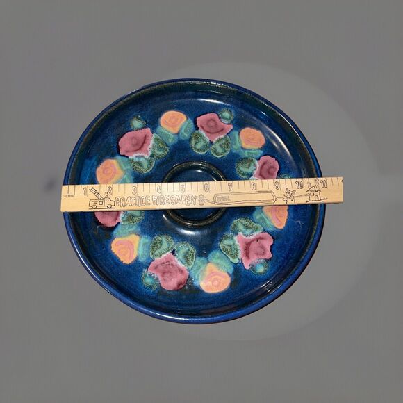 Susan DeMay Floral Blue Pottery Two Piece Chip And Dip Set Signed - Picture 4 of 12